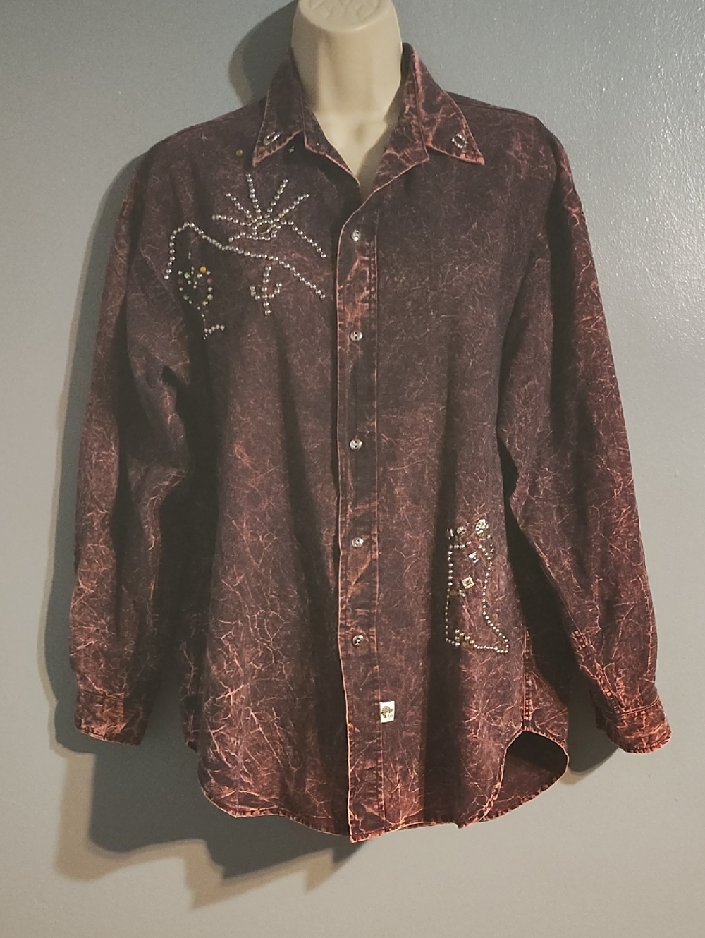 Zolo Club Women's Distressed Burgundy Western Embellished Button-Up Shacket